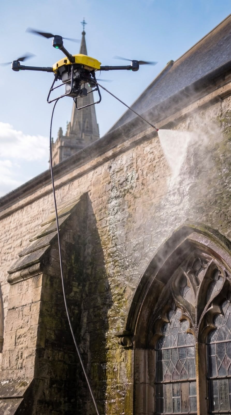 Drone nettoyant la façade d'une église